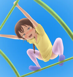 Rule 34 | 1girl, absurdres, arms up, blush, braid, brown eyes, brown hair, child, drawstring, female focus, highres, long hair, looking at viewer, no pants, open mouth, original, outdoors, paid reward available, playground, sc naru, shirt, shoe soles, short sleeves, single braid, smile, solo, spread legs, teeth, thighhighs, thighs, upper teeth only, white thighhighs, yellow shirt