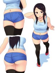 Rule 34 | 1girl, ass, bare shoulders, black hair, black thighhighs, blush, breasts, from behind, high heels, jewelry, large breasts, long hair, looking at viewer, navel, necklace, neri sachiko, open mouth, original, red eyes, short shorts, shorts, solo, thighhighs