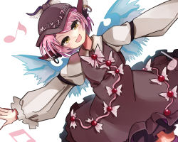Rule 34 | 1girl, animal ears, beamed eighth notes, bird ears, bird wings, blush, brown dress, brown headwear, dress, eighth note, fingernails, frilled dress, frills, highres, ichirugi, long fingernails, long sleeves, musical note, mystia lorelei, open mouth, outstretched arms, pink hair, sharp fingernails, short hair, simple background, smile, solo, spread arms, touhou, white background, white wings, winged hat, wings, yellow eyes