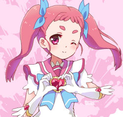 Rule 34 | 1girl, action heroine cheer fruits, artist name, blue bow, bow, brown hair, chel (little colors), dated, elbow gloves, gloves, heart, heart hands, momoi hatsuri, one eye closed, pink background, pink eyes, shirt, short sleeves, solo, twintails, upper body, white shirt