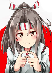 Rule 34 | 10s, blush, brown eyes, brown hair, close-up, fingers together, hand gesture, head tilt, headband, highres, index fingers together, japanese clothes, kamelie, kantai collection, kimono, long hair, long sleeves, looking at viewer, pink lips, ponytail, simple background, smile, solo, two-tone background, upper body, wide sleeves, zuihou (kancolle)