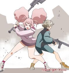Rule 34 | 2girls, :o, afro puffs, asticassia school uniform, chuatury panlunch, clenched teeth, commentary request, crying, crying with eyes open, felsi rollo, gamigami maou (artist), grey background, gun, gundam, gundam suisei no majo, highres, holding, holding gun, holding weapon, improvised weapon, light brown hair, looking afar, multiple girls, pink eyes, pink hair, school uniform, standing, tears, teeth, topknot, twitter username, weapon, weapon request, white background