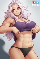 Rule 34 | 1girl, abs, black panties, clothes lift, dorohedoro, highres, long hair, muscular, muscular female, navel, noi (dorohedoro), nortuet, panties, red eyes, shirt, shirt lift, simple background, solo, tank top, underwear, white hair