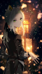 Rule 34 | 00kashian00, 1girl, absurdres, animal ear fluff, animal ears, arknights, backlighting, black coat, cat ears, closed mouth, coat, expressionless, forehead, green eyes, grey hair, highres, kal&#039;tsit (arknights), long hair, long sleeves, looking at viewer, low ponytail, night, outdoors, outstretched hand, solo, twitter username, upper body, wristband