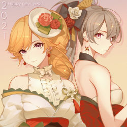 Rule 34 | 2021, 2girls, absurdres, azur lane, bare back, bare shoulders, bow, breasts, center frills, cleavage, colored pencil (medium), drill hair, drill ponytail, earrings, flower, frills, hair bow, hair flower, hair ornament, halterneck, happy new year, hat, highres, japanese clothes, jean bart (azur lane), jean bart (first snow upon the cutlass&#039;s edge) (azur lane), jewelry, kimono, light brown hair, long hair, looking at viewer, marker (medium), medium breasts, millipen (medium), mini hat, multiple girls, new year, off shoulder, orange hair, purple eyes, rabe26k, red eyes, red flower, red sash, richelieu (azur lane), richelieu (evergreen prophecy) (azur lane), sash, tilted headwear, traditional media, upper body, white flower, white kimono