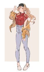 Rule 34 | 1girl, alternate costume, blonde hair, blue eyes, breasts, denim, full body, granblue fantasy, hair ornament, hairband, hat, high-waist pants, highres, jacket, jeans, long hair, looking at viewer, pants, shimatani azu, shirt tucked in, smile, solo, twintails, zeta (granblue fantasy)