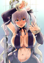 Rule 34 | 1girl, against glass, arms up, bathroom, black eyes, blush, bracelet, breast press, breasts, breasts on glass, detached sleeves, double bun, faucet, grey hair, hair bun, hair ribbon, hand on glass, highres, jewelry, large breasts, long hair, looking at viewer, navel, open mouth, original, revealing clothes, ribbon, sarfata, shower head, smile, solo, twintails, wet