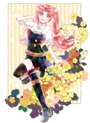 Rule 34 | 1girl, belt, black thighhighs, blouse, blunt bangs, boots, colored eyelashes, fire emblem, fire emblem: three houses, flower, full body, high heel boots, high heels, hilda valentine goneril, long hair, matching hair/eyes, nintendo, outline, outside border, pink eyes, pink hair, shirt, sleeves rolled up, solo, sparkle, thighhighs, thighhighs under boots, twintails, white shirt