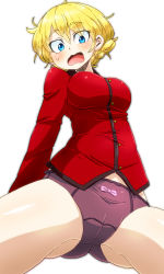 Rule 34 | 10s, 1girl, absurdres, aono3, arms behind back, ass, blonde hair, blue eyes, blush, bow, bow panties, braid, cameltoe, cowboy shot, crotch seam, darjeeling (girls und panzer), embarrassed, epaulettes, girls und panzer, highres, holding, jacket, lace, lace-trimmed panties, lace trim, long sleeves, looking at viewer, military, military jacket, military uniform, no pants, open mouth, panties, purple panties, red jacket, short hair, solo, st. gloriana&#039;s military uniform, standing, sweatdrop, thighs, twin braids, underwear, uniform, wavy mouth