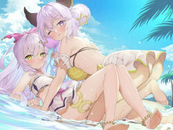 Rule 34 | 2girls, animal ears, anklet, arm support, barefoot, bikini, blue sky, bow, closed mouth, cloud, day, granblue fantasy, hair bow, hair ornament, highres, jewelry, legs, long hair, looking at viewer, medusa (shingeki no bahamut), medusa (summer) (granblue fantasy), multiple girls, ocean, one eye closed, outdoors, palm tree, pink bow, pink hair, purple eyes, satyr (granblue fantasy), shingeki no bahamut, short hair, sky, soles, star (symbol), star hair ornament, swimsuit, takumi11, thigh strap, toes, tree, wet, white bikini, yellow bikini, yellow eyes