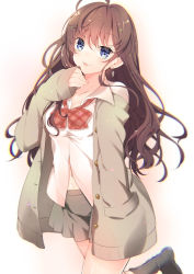 Rule 34 | 10s, 1girl, :3, ahoge, akahito, black socks, blue eyes, bow, bowtie, brown hair, buttons, collarbone, earrings, grey skirt, hand in pocket, head tilt, ichinose shiki, idolmaster, idolmaster cinderella girls, jewelry, kneehighs, long hair, long sleeves, looking at viewer, midriff, plaid, plaid bow, plaid bowtie, plaid neckwear, pleated skirt, pocket, red bow, red bowtie, school uniform, simple background, skirt, sleeves past wrists, socks, solo, tareme, tongue, tongue out, unbuttoned, very long hair, wavy hair, white background
