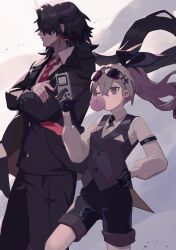 1boy 1girl absurdres black_gloves black_hair black_jacket black_necktie black_pants black_shorts black_vest blade_(honkai:_star_rail) blade_(jepella_rebellion)_(honkai:_star_rail) blowing_bubbles collared_shirt cowboy_shot crossed_arms eyewear_on_head gloves grey_eyes grey_hair hair_between_eyes highres holding holding_phone honkai:_star_rail honkai_(series) jacket long_hair necktie official_alternate_costume one_eye_closed pants parted_bangs phone ponytail red_necktie sakanarice shirt shorts silver_wolf_(honkai:_star_rail) silver_wolf_(jepella_rebellion)_(honkai:_star_rail) sunglasses vest white_shirt