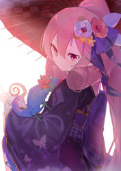 Rule 34 | 1girl, aida (chinhung0612), animal, backlighting, blush, chameleon, commentary request, flower, hair flower, hair ornament, high ponytail, highres, japanese clothes, kimono, long hair, long sleeves, looking away, looking to the side, neneka (new year) (princess connect!), neneka (princess connect!), obi, oil-paper umbrella, parted lips, pink flower, pink hair, ponytail, princess connect!, purple kimono, red umbrella, sash, simple background, smile, solo, umbrella, very long hair, white background, white flower, wide sleeves