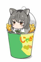 Rule 34 | 10s, 1girl, animal ears, black gloves, blush stickers, cat ears, chips (food), closed mouth, collar, collared shirt, cup, dot nose, food, gloves, gradient hair, green ribbon, grey hair, in container, in cup, in food, jaguarundi (kemono friends), jitome, kanemaru (knmr fd), kemono friends, long hair, looking away, mini person, minigirl, multicolored eyes, multicolored hair, neck ribbon, official art, orange eyes, potato chips, pun, ribbon, shadow, shirt, short sleeves, simple background, sleeve cuffs, snack, solo, streaked hair, upper body, white background, white shirt, wing collar, yellow eyes