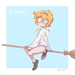 Rule 34 | 1girl, arm support, blonde hair, blue background, blue eyes, blue hairband, border, bottomless, broom, broom riding, brown footwear, closed mouth, english text, freckles, full body, glasses, hairband, highres, hood, hood down, hoodie, little witch academia, loafers, looking at viewer, lotte jansson, orenji (wholesomeorenji), outline, outside border, round eyewear, semi-rimless eyewear, shoes, short hair, sidelocks, simple background, sleeves past fingers, sleeves past wrists, smile, socks, solo, twitter username, white border, white hoodie, white outline, white socks