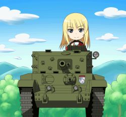Rule 34 | 10s, 1girl, animated, animated gif, artist request, blonde hair, blue sky, bouncing, caterpillar tracks, chibi, cloud, cromwell (tank), cup, day, earl grey (girls und panzer), emblem, girls und panzer, grey eyes, military, military vehicle, motor vehicle, mountain, non-web source, parody, sky, solo, st. gloriana&#039;s (emblem), tank, teacup, tree, vehicle