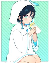 Rule 34 | 1boy, aged down, alternate costume, baby bottle, black hair, blue hair, blush, bottle, braid, child, chiroron, genshin impact, gradient hair, green background, green eyes, highres, holding, holding bottle, hood, hood up, hooded sweater, long sleeves, looking at viewer, male focus, multicolored hair, seiza, short hair with long locks, simple background, sitting, solo, sweater, twin braids, venti (genshin impact)