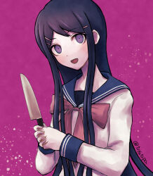 Rule 34 | 1girl, :d, artist name, blue eyes, blue sailor collar, bow, bowtie, crazy eyes, danganronpa: trigger happy havoc, danganronpa (series), hair ornament, hairclip, hands up, highres, horror (theme), long hair, long sleeves, looking at viewer, maizono sayaka, open mouth, own hands together, pink background, pink bow, pink bowtie, sailor collar, shirt, smile, solo, toyatopa, upper body, white shirt