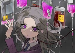 Rule 34 | 1boy, absurdres, ahoge, blood, blood bag, blue necktie, collared shirt, commentary request, grey background, grey hair, hand up, highres, intravenous drip, jacket, jewelry, long hair, long sleeves, looking at viewer, makoto kagutsuchi, male focus, master detective archives: rain code, necktie, parted lips, pink blood, purple eyes, purple jacket, ring, shirt, solo, spoilers, symbol in eye, upper body, usetsu illust, white shirt