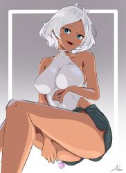 Rule 34 | 1girl, ahoge, anho, ass, bare legs, bare shoulders, breasts, candy, curvy, dark-skinned female, dark skin, food, green eyes, gundam, gundam suisei no majo, highleg, highleg leotard, huge ass, invisible chair, large breasts, leotard, lollipop, looking at viewer, open mouth, secelia dote, short hair, short shorts, shorts, sitting, smile, solo, thighs, white hair, white leotard, wide hips