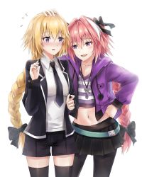Rule 34 | 1boy, 1girl, alternate costume, androgynous, astolfo (fate), astolfo (memories at trifas) (fate), black bow, black ribbon, blonde hair, blue eyes, bow, braid, casual, contemporary, fang, fate/apocrypha, fate/grand order, fate (series), hair intakes, hair ribbon, hand on another&#039;s head, highres, hood, hoodie, jacket, jeanne d&#039;arc (fate), jeanne d&#039;arc (girl from orleans) (fate), jeanne d&#039;arc (ruler) (fate), long hair, multicolored hair, namii, official alternate costume, open mouth, pantyhose, pink hair, purple eyes, ribbon, single braid, skirt, smile, streaked hair, thighhighs, trap