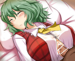 Rule 34 | 1boy, 1girl, bed, blush, breasts, censored, closed eyes, cum, cum on body, cum on breasts, cum on clothes, cum on upper body, ejaculation between breasts, green hair, handsfree paizuri, hetero, kazami yuuka, lying, on back, paizuri, paizuri under clothes, penis, penis under another&#039;s clothes, poshi (ginmokusei), sleeping, straddling, straddling paizuri, touhou, veins
