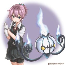Rule 34 | 10s, 1girl, bike shorts, black vest, blouse, blue eyes, blush, chandelure, commentary request, creatures (company), crossover, fire, game freak, gen 5 pokemon, gloves, hair ornament, kantai collection, looking to the side, minatototon1020, neck ribbon, nintendo, pink hair, pleated skirt, pokemon, pokemon (creature), ponytail, red ribbon, ribbon, shiranui (kancolle), shirt, short sleeves, shorts, shorts under skirt, skirt, twitter username, vest, white gloves, white shirt