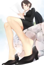 Rule 34 | 1girl, ama mitsuki, bag, bendy straw, black footwear, black skirt, black suit, blouse, blush, bob cut, brown eyes, brown hair, business suit, collared shirt, commentary request, day, drinking, drinking straw, feet, foreshortening, formal, handbag, high heels, holding, holding paper, juice box, legs, office lady, original, outdoors, pantyhose, paper, pencil skirt, see-through, see-through legwear, shirt, short hair, sitting, skirt, skirt suit, solo, suit, white shirt