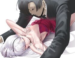 1boy 1girl black_hair black_necktie black_suit blue_archive boy_on_top breasts dress formal grey_hair hands_up long_hair lying mrsc mutsuki_(blue_archive) mutsuki_(dress)_(blue_archive) necktie official_alternate_costume on_back one_eye_closed pointy_ears red_dress sensei_(blue_archive) sleeveless sleeveless_dress small_breasts smile suit