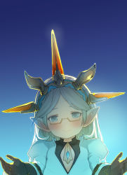 Rule 34 | 1girl, backlighting, black gloves, blue eyes, blush, english text, female focus, glasses, gloves, granblue fantasy, hairband, harvin, highres, juliet sleeves, long hair, long sleeves, looking at viewer, pointy ears, puffy sleeves, semi-rimless eyewear, smile, solo, upper body, walkalone, white hair, zahlhamelina