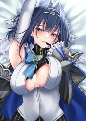 Rule 34 | 1girl, absurdres, arm up, bed sheet, black gloves, blue eyes, blue hair, blue ribbon, blush, breasts, chain, chain hairband, cleavage, closed eyes, commentary, detached sleeves, elbow gloves, facing viewer, gloves, hair intakes, highres, hololive, hololive english, large breasts, looking at viewer, lying, on back, on bed, ouro kronii, ouro kronii (1st costume), parted lips, ribbon, ribbon earrings, short hair, solo, symbol-only commentary, upper body, veil, virtual youtuber, wanzi (99wanzi99)