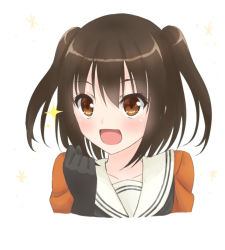 Rule 34 | 1girl, :d, bad id, bad pixiv id, black gloves, black neckwear, blush, brown eyes, brown hair, clenched hand, collarbone, cropped torso, gloves, hair between eyes, hand up, hoshino kagari, kantai collection, looking at viewer, open mouth, orange shirt, sailor collar, school uniform, sendai (kancolle), serafuku, shirt, simple background, smile, solo, sparkle, two side up, upper body, white background, white sailor collar