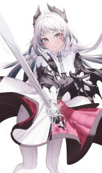 Rule 34 | 1girl, absurdres, arknights, black gloves, black hair, black jacket, black knight, blue eyes, capelet, closed mouth, feet out of frame, foreshortening, front-seamed legwear, gloves, gradient hair, grey hair, head wings, highres, holding, holding sword, holding weapon, irene (arknights), jacket, layered skirt, long sleeves, looking at viewer, multicolored hair, pantyhose, pink skirt, rapier, scar, scar across eye, scar on face, seamed legwear, simple background, skirt, solo, spread fingers, standing, sword, weapon, white background, white capelet, white pantyhose, white skirt, wings
