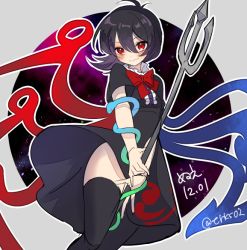 Rule 34 | 1girl, artist name, asymmetrical wings, bad id, bad twitter id, black dress, black hair, black thighhighs, blush, bow, character name, cowboy shot, dated, dress, houjuu nue, looking at viewer, polearm, red bow, red eyes, short dress, short hair, short sleeves, skirt, solo, thighhighs, tori (otori), touhou, trident, weapon, wings