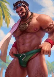 Rule 34 | 1boy, abs, arm hair, armpit hair, armpit hair peek, bara, beard, black hair, bulge, chest hair, day, drawller, erection, erection under clothes, facial hair, feet out of frame, from below, graves (league of legends), green male swimwear, grin, hairy, highres, jewelry, large pectorals, league of legends, leg hair, male focus, male swimwear, male swimwear pull, mature male, medal, muscular, muscular male, mustache, navel, navel hair, necklace, nipples, outdoors, palm tree, pectorals, penis, penis peek, pool party graves, short hair, sky, smile, solo, stomach, sunglasses, thick mustache, thick thighs, thighs, topless male, towel on one shoulder, tree