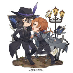 Rule 34 | 2boys, black gloves, black headwear, black pants, black suit, black vest, brown eyes, brown hair, bungou stray dogs, chain, chibi, dazai osamu (bungou stray dogs), detective, formal, full body, gloves, hat feather, holding, holding staff, kiragera, long sleeves, looking at another, low ponytail, male focus, mask over one eye, multiple boys, nakahara chuuya (bungou stray dogs), orange hair, pants, phantom thief, smile, staff, standing, suit, vest
