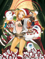 Rule 34 | 10s, 1girl, :d, belt, blonde hair, boots, box, breasts, cake, christmas, christmas ornaments, christmas stocking, christmas tree, cleavage, curtains, dona (wixoss), food, ghost, gift, gift box, glass, gloves, hair ornament, hairclip, hat, highres, lostorage wixoss, navel, official art, open mouth, pantyhose, party popper, santa boots, santa hat, smile, solo, streamers, tokiti, wixoss, yellow eyes, yellow pantyhose