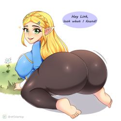 Rule 34 | 1girl, absurdres, all fours, ass, bent over, blonde hair, breasts, english text, covered erect nipples, feet, flower, grass, green eyes, hair ornament, hairclip, heart, highres, huge ass, huge breasts, long hair, motion lines, nintendo, open mouth, pointy ears, princess zelda, silent princess, smile, solo, speech bubble, startop, the legend of zelda, the legend of zelda: breath of the wild, thick thighs, thighs, white background