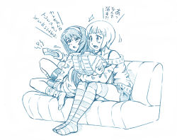 Rule 34 | 2girls, ^^^, bbb (friskuser), bike shorts, blue theme, blunt bangs, bob cut, bra strap, casual, commentary, controller, couch, cutlass (girls und panzer), girls und panzer, hairband, half-closed eyes, holding, holding remote control, holding stuffed toy, leaning back, leaning forward, leaning on person, long hair, long sleeves, mark iv tank, military, military vehicle, monochrome, motion lines, motor vehicle, multiple girls, no headwear, off-shoulder shirt, off shoulder, on couch, open mouth, reizei mako, remote control, shirt, short hair, short shorts, shorts, sitting, socks, striped clothes, striped legwear, striped thighhighs, stuffed toy, tank, thighhighs, translated