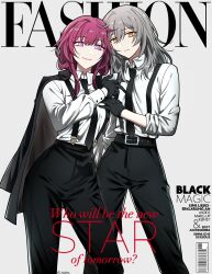 Rule 34 | 2girls, absurdres, alternate costume, artist name, belt, black belt, black gloves, black jacket, black necktie, black pants, breasts, buttoned cuffs, buttons, closed mouth, collared jacket, collared shirt, cover, english text, fake magazine cover, formal, gloves, grey background, grey hair, hair between eyes, hand up, highres, honkai: star rail, honkai (series), jacket, kafka (honkai: star rail), lipstick, long hair, long sleeves, looking at viewer, magazine cover, makeup, medium breasts, multiple girls, necktie, open clothes, open jacket, pants, pillosopi, pink eyes, puffy long sleeves, puffy sleeves, purple hair, shirt, short hair, short hair with long locks, sidelocks, simple background, smile, stelle (honkai: star rail), suit, suspenders, trailblazer (honkai: star rail), white shirt, yellow eyes