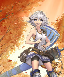 Rule 34 | 1girl, :d, absurdres, autumn leaves, bike shorts, black shorts, blue eyes, cloud, cloudy sky, collarbone, dress, farrah (granblue fantasy), granblue fantasy, hair between eyes, highres, jewelry, necklace, open mouth, outdoors, sheath, sheathed, shield, short dress, short hair, shorts, shorts under dress, silver hair, sky, sleeveless, sleeveless dress, smile, solo, standing, sword, tree, weapon, white dress, yuki7128