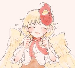 Rule 34 | 1girl, ^ ^, animal, animal on head, bird, bird on head, bird wings, blonde hair, blush, chick, closed eyes, dot nose, facing viewer, feathered wings, fingers to cheeks, fingersmile, flying sweatdrops, furrowed brow, hair behind ear, hands up, index finger raised, itomugi-kun, niwatari kutaka, on head, open mouth, pink background, short hair, short sleeves, simple background, solo, straight-on, touhou, upper body, wings, yellow wings