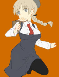 Rule 34 | 1girl, bad id, bad pixiv id, black pantyhose, blue eyes, braid, bread slice, dress, food, food in mouth, hair ribbon, hat, hloox, leg up, light brown hair, loafers, long hair, long sleeves, lynette bishop, mouth hold, necktie, orange background, pantyhose, ribbon, shoes, simple background, single braid, solo, strike witches, sweatdrop, toast, toast in mouth, world witches series