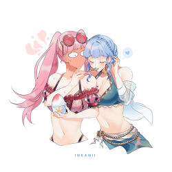 Rule 34 | 2girls, artist name, bare shoulders, bikini, blue bikini, blue hair, blush, breasts, brown eyes, commentary, constricted pupils, cropped torso, eyewear on head, fire emblem, fire emblem: three houses, fire emblem heroes, food, full-face blush, hand up, heart, highres, hilda valentine goneril, holding, holding food, inkanii, long hair, looking at another, marianne von edmund, medium breasts, multiple girls, nail polish, navel, nintendo, off-shoulder bikini, off shoulder, pink bikini, pink eyes, pink hair, pink nails, puffy sleeves, see-through, shaved ice, short hair, simple background, smile, spoken heart, stomach, sunglasses, swimsuit, twintails, upper body, white background