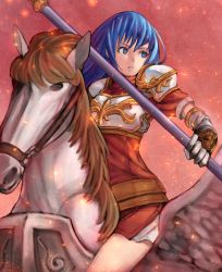 Rule 34 | 1girl, animal, armor, blue eyes, blue hair, caeda (fire emblem), chienon, detached sleeves, fire, fire emblem, fire emblem: shadow dragon and the blade of light, gloves, highres, holding, holding spear, holding weapon, horse, long hair, miniskirt, nintendo, open mouth, pauldrons, pegasus, pegasus knight uniform (fire emblem), polearm, riding, shoulder armor, skirt, solo, spear, weapon