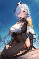 Rule 34 | 1girl, black gloves, blue eyes, blue sky, blush, bodysuit, braid, breasts, clothing cutout, covered navel, elbow gloves, genshin impact, gloves, hair ornament, hair over one eye, highres, hip vent, large breasts, long hair, long sleeves, looking at viewer, low-braided long hair, low-tied long hair, partially fingerless gloves, puffy long sleeves, puffy sleeves, shenhe (genshin impact), shoulder cutout, sitting, sky, smile, solo, tabard, tassel, thighs, try (lsc), very long hair, white hair