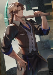 Rule 34 | 1boy, absurdres, belmond banderas, black pants, black shirt, blush, brown eyes, brown hair, brown jacket, closed mouth, collarbone, collared shirt, commentary request, facial hair, grey vest, hand up, highres, holding, holding pickaxe, jacket, jewelry, long hair, long sleeves, looking away, low ponytail, male focus, manly, minecraft, nijisanji, open clothes, open jacket, pants, pendant, pickaxe, pinstripe pattern, pinstripe vest, ponytail, scottie (phantom2), shirt, smile, solo, striped clothes, striped vest, stubble, vertical-striped clothes, vertical-striped vest, vest, virtual youtuber