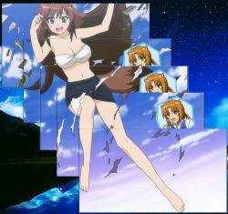 Rule 34 | 10s, 1girl, animal ears, barefoot, blue theme, breasts, brioche d&#039;arquien, brown hair, cleavage, dog days, dog ears, dog tail, feet, large breasts, long hair, navel, screencap, stitched, tail, third-party edit