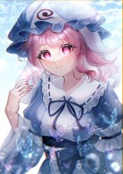 Rule 34 | 1girl, absurdres, blue hat, blue kimono, hat, highres, japanese clothes, kimono, long sleeves, mob cap, open mouth, pink eyes, pink hair, saigyouji yuyuko, short hair, sleeve garter, smile, solo, sumishiro 8070, touhou, triangular headpiece, upper body, wide sleeves