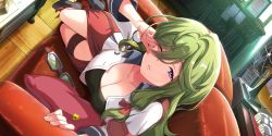 Rule 34 | 1girl, armband, boots, breasts, character request, cleavage, collarbone, couch, dutch angle, female focus, game cg, goggles, unworn goggles, green hair, hair ribbon, high heel boots, high heels, highres, indoors, kouya no kotobuki hikoutai, large breasts, long hair, long skirt, looking at viewer, lying, non-web source, official art, one eye closed, open clothes, open shirt, pillow, purple eyes, red armband, red skirt, ribbon, rubbing eyes, side slit, skirt, sleepy, solo, thigh strap, waking up, white uniform